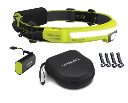 Liteband PRO Bundle 1500 Lumens LED Headlamp Rechargeable Battery Powered, Bright Tactical Head Lamp Flashlight Hard Hat Light, Mechanic Lamps, Camping, Running, Best Rated For Forehead, Yellow