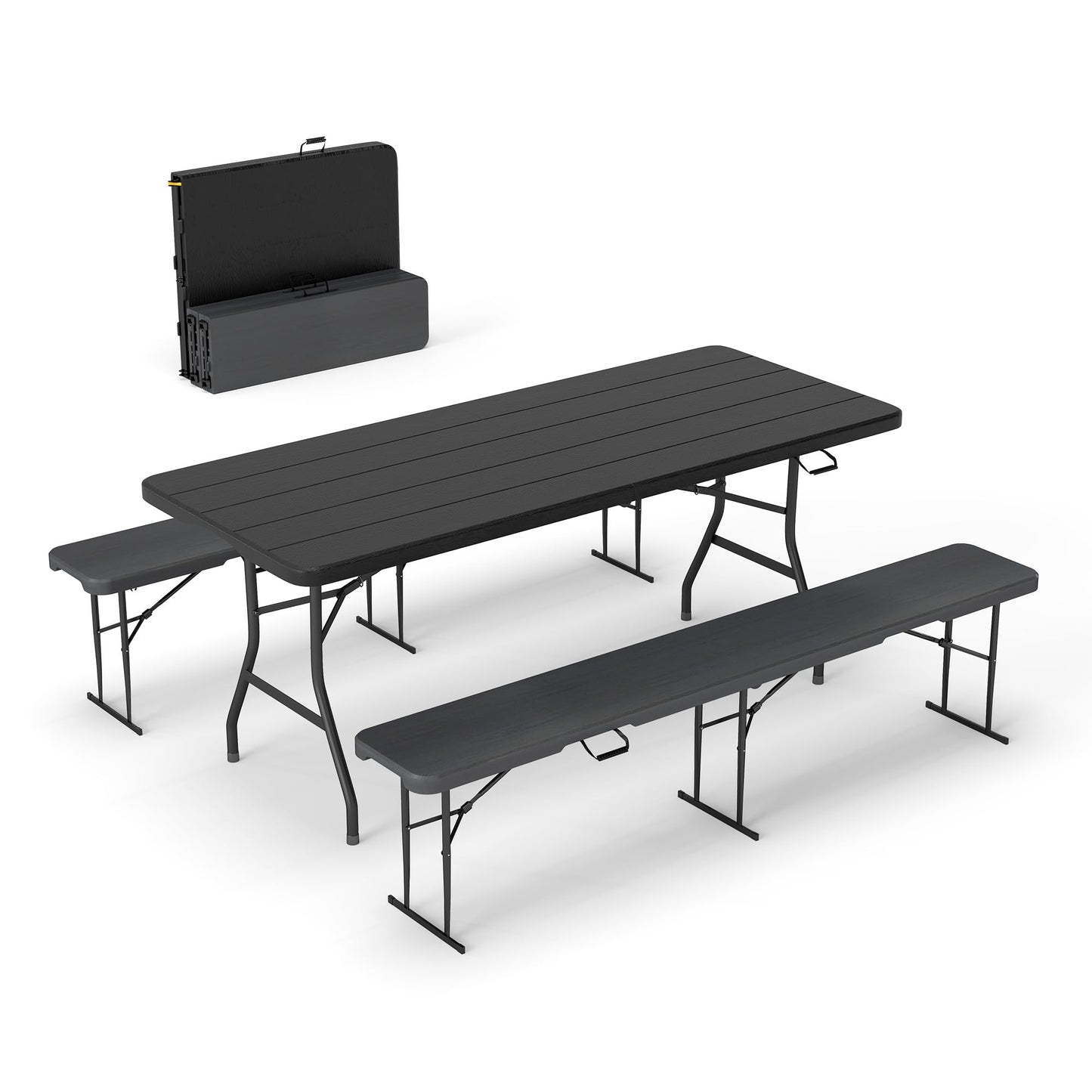 Real Relax 6' Picnic Table with 2 Benches, 3 Piece Black Wood Grain Portable HDPE Folding Camping Table and Benches for Courtyard, Garden, Outdoor Leisure, Party