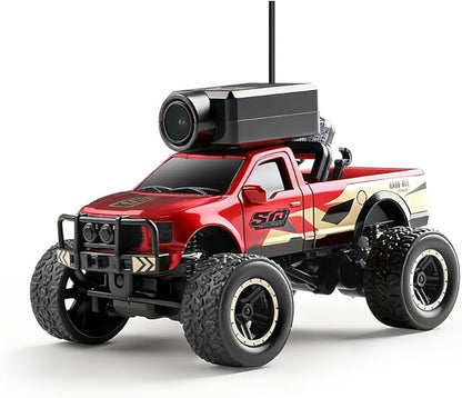 1/64 Scale Mini RC Truck Model 2.4Ghz APP Auto-Pairing Full-Proportional FPV Remote Control Monster Truck with WiFi Camera Lights Speed &amp Steering Adjustable Gift for Adults (RTR/Red)