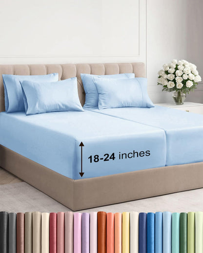 Skiennix Extra Deep Split King Sheet Set - 7 Piece Breathable Cooling Bedding - Soft Wrinkle-Free Light Blue