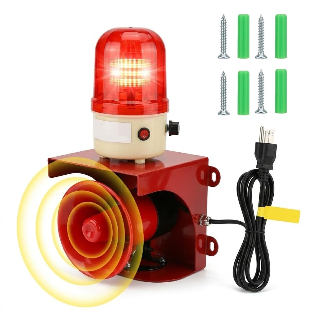 BOVZOR Industrial Siren Alarm Strobe Light Compatible with Factory and Gantry Crane Systems, AC 110V 120dB Loud Industrial Siren with Red Strobe Warning Light, IP55 Weather-Resistant Emergency Beacon