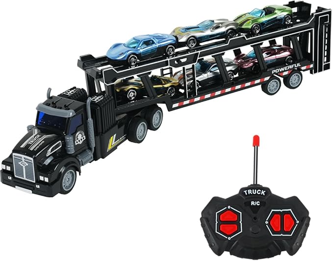 Remote Control Car Transporter Truck Includes 6 Cars 14 1:48 Car Transporter Semi Truck Toy Equipped with 2 Rechargeable Batteries Gifts Ideas for Boys Age 3-8 Year Old