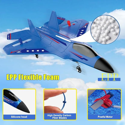 Fremego RC Airplane F22 Fighter Jet for Kids &amp Adults 2.4GHz Remote Control with Gyro Stabilization LED Lights Crash Resistant EPP Foam Perfect Beginner Gift(Blue)