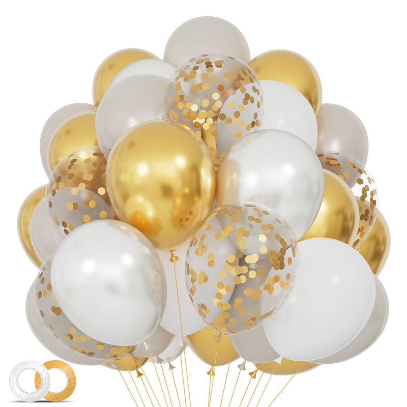 68Pcs Sand White Gold Confetti Balloons Kit 12 Inch Ballons Beige Pearl White Balloon Gold Party Balloons with Ribbons for Birthday Wedding engagement Baby Shower Graduation Decorations.
