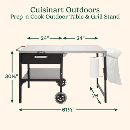 Cuisinart Prep ‘n Cook Outdoor Table and Grill Stand, Stainless Steel Folding Table with Wheels, 48” x 24” Prep Station for Home BBQ, Tailgates, Cookouts