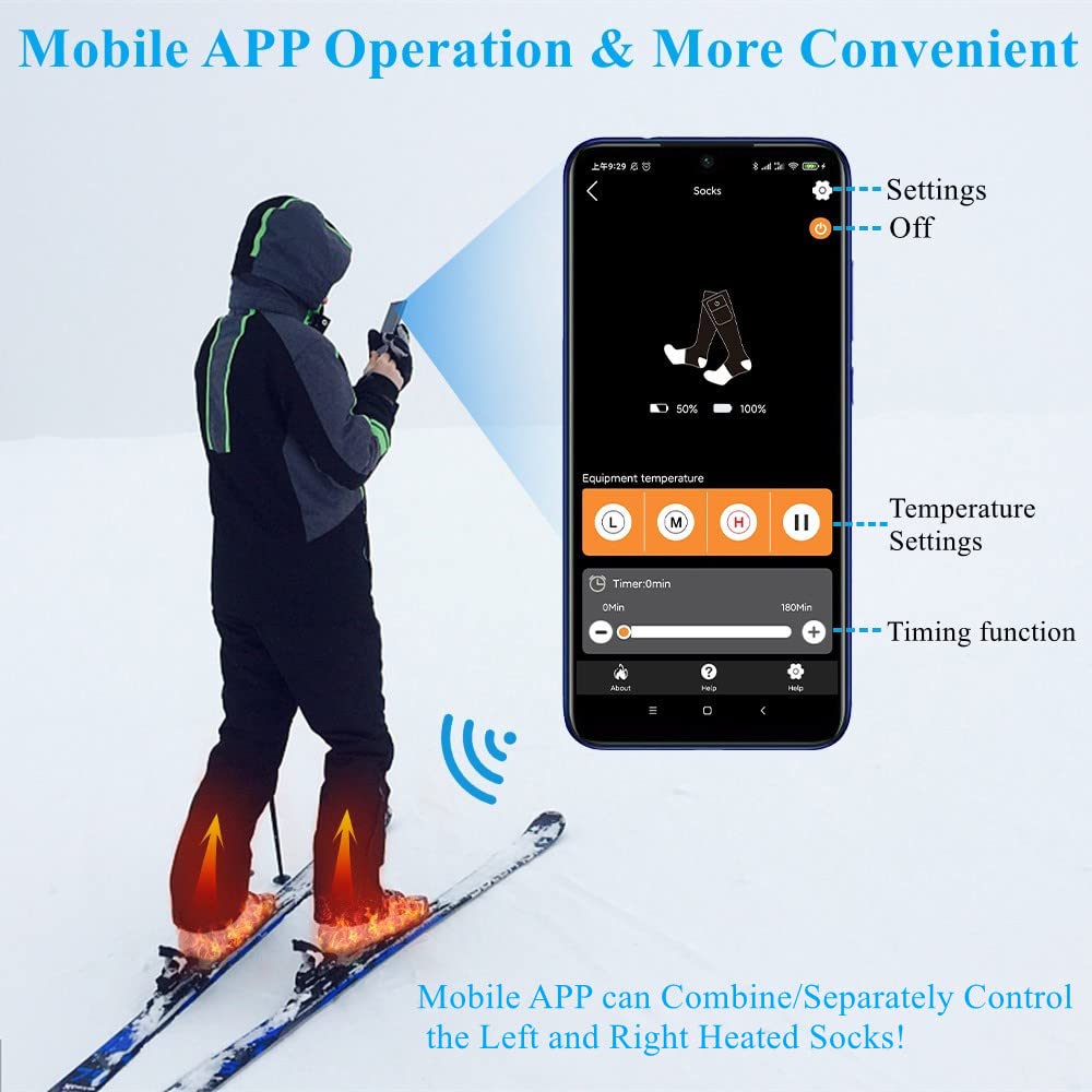 SAVIOR HEAT Heated Socks for Men Women, App Control Rechargeable Battery Electric Ski Socks, 3 Heat Levels Washable Thermal for Snowboarding, Hunting, Work, Hiking, Biking,Camping (Small)