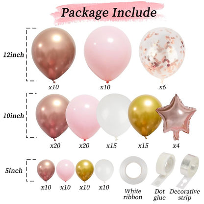 RUBFAC 140pcs Rose Gold Balloon Garland Arch Kit, Light Pink Gold White Metallic Rose Gold Confetti Balloons for Mother's Day Valentine Graduation Birthday Baby Shower Wedding Party Decoration