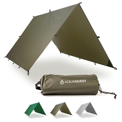 AquaQuest Guide Tarp – Ultralight Waterproof (5,000 mm) Seam‑Taped 40D Ripstop Rain Fly for Backpacking, Stealth Camping & Thru‑Hiking – 10×10 Olive Drab