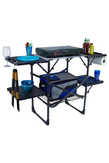 GCI OUTDOOR Slim-Fold Cook Station | Portable Folding Kitchen Table with a Heat Resistant Tabletop, 4 Side Tables & Storage Rack, Perfect for Picnics & Camping Trips