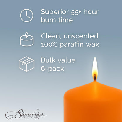Stonebriar Unscented Pillar Candles – 65 Hour Burn Time, Long-Lasting Wax Candles for Weddings, Holidays, Home Décor & Special Events, Pack of 6, Orange, 3" x 6"