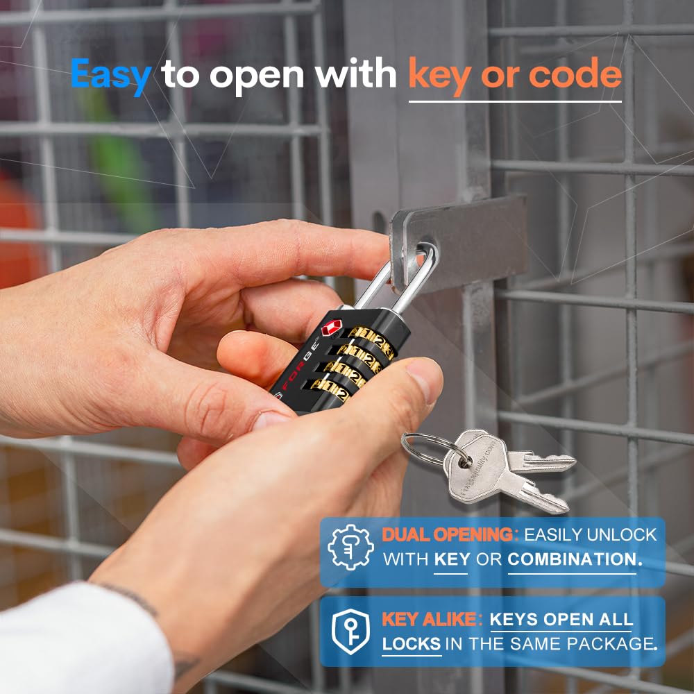Forge Dual-Opening: Key or Combination Access Lock, TSA Approved Locks for Luggage, Pelican case, Travel, Gym, School, Stainless Steel Shackle. (Black 2 Pk)