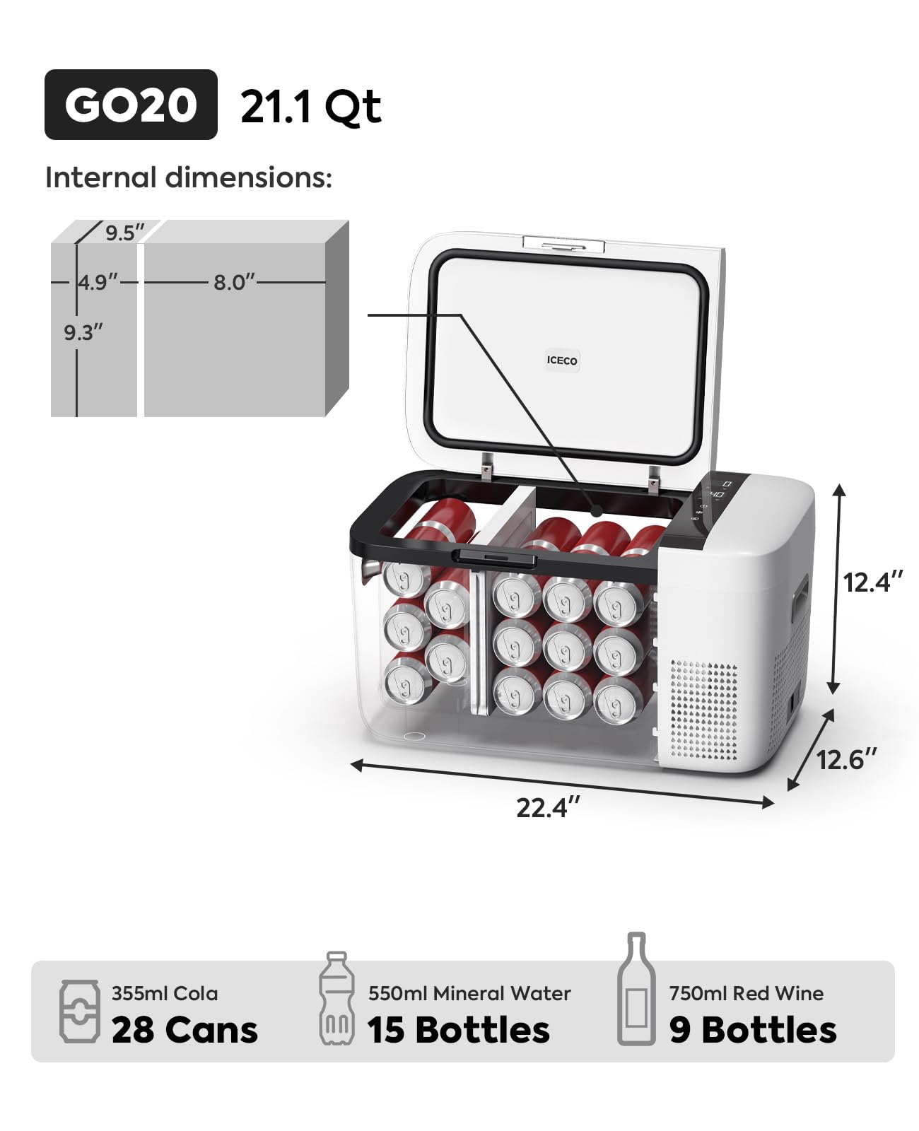 ICECO GO20 21 Quart/20 Liter Dual Zone 12 Volt Refrigerator, Portable Refrigerator with Secop Compressor, Electric Cooler, DC & AC, 0℉ - 50℉, Compressor Cooler for Outdoor, White
