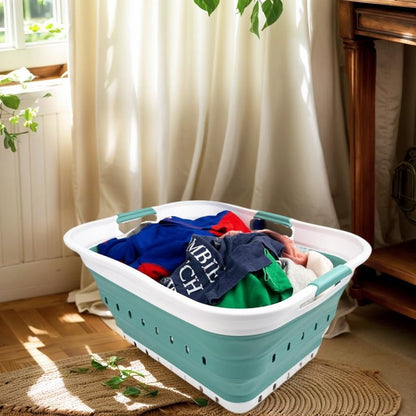 SAMMART 42L (11 gallon) Collapsible Plastic Laundry Basket - Foldable Pop Up Storage Container/Organizer - Space Saving Hamper/Basket (1, White/Celadon Green)