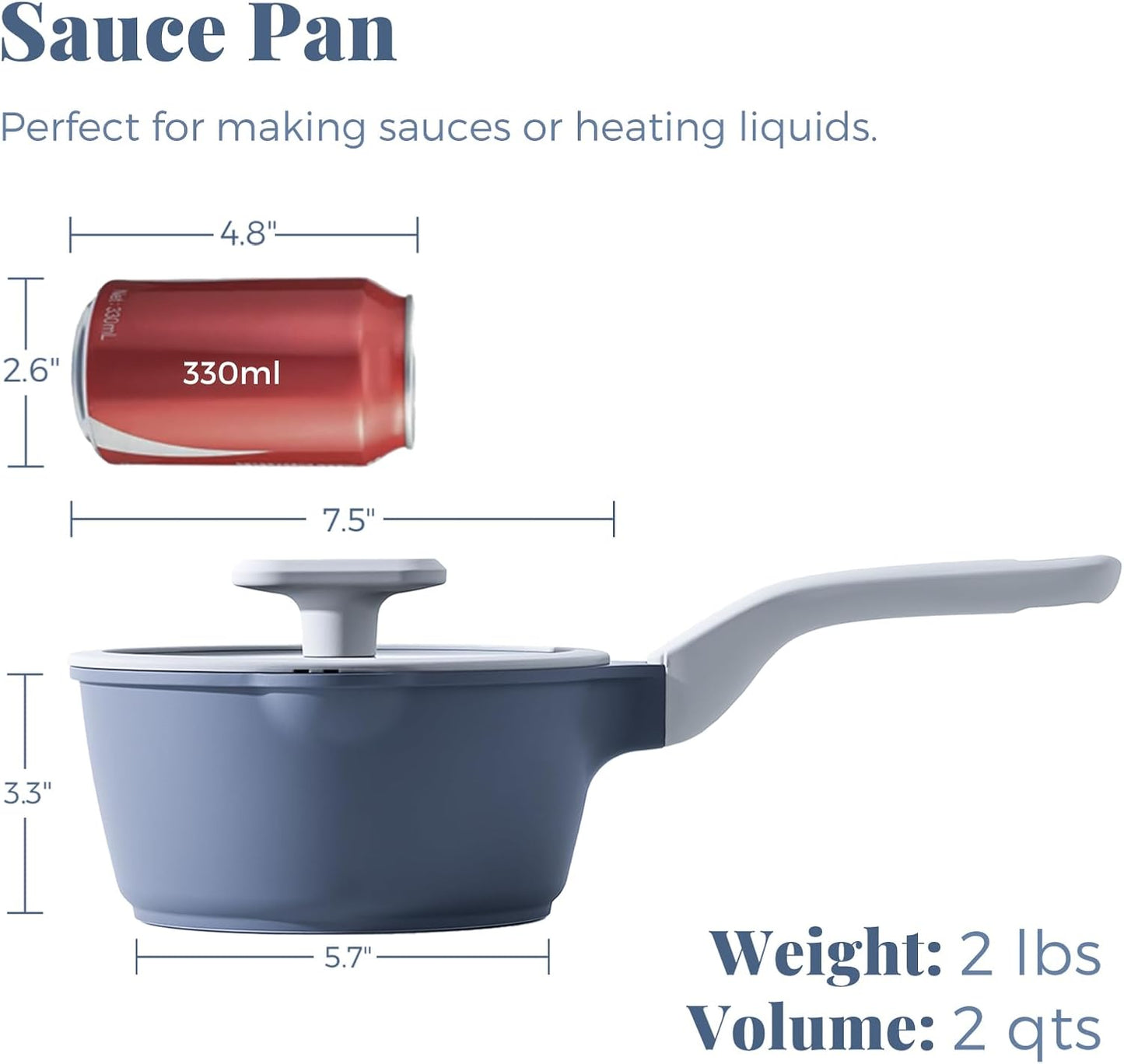 PRICUSIS Nonstick 2 Quart Saucepan with Lid - Ceramic, Non-Toxic, Induction Compatible, Pour Spouts