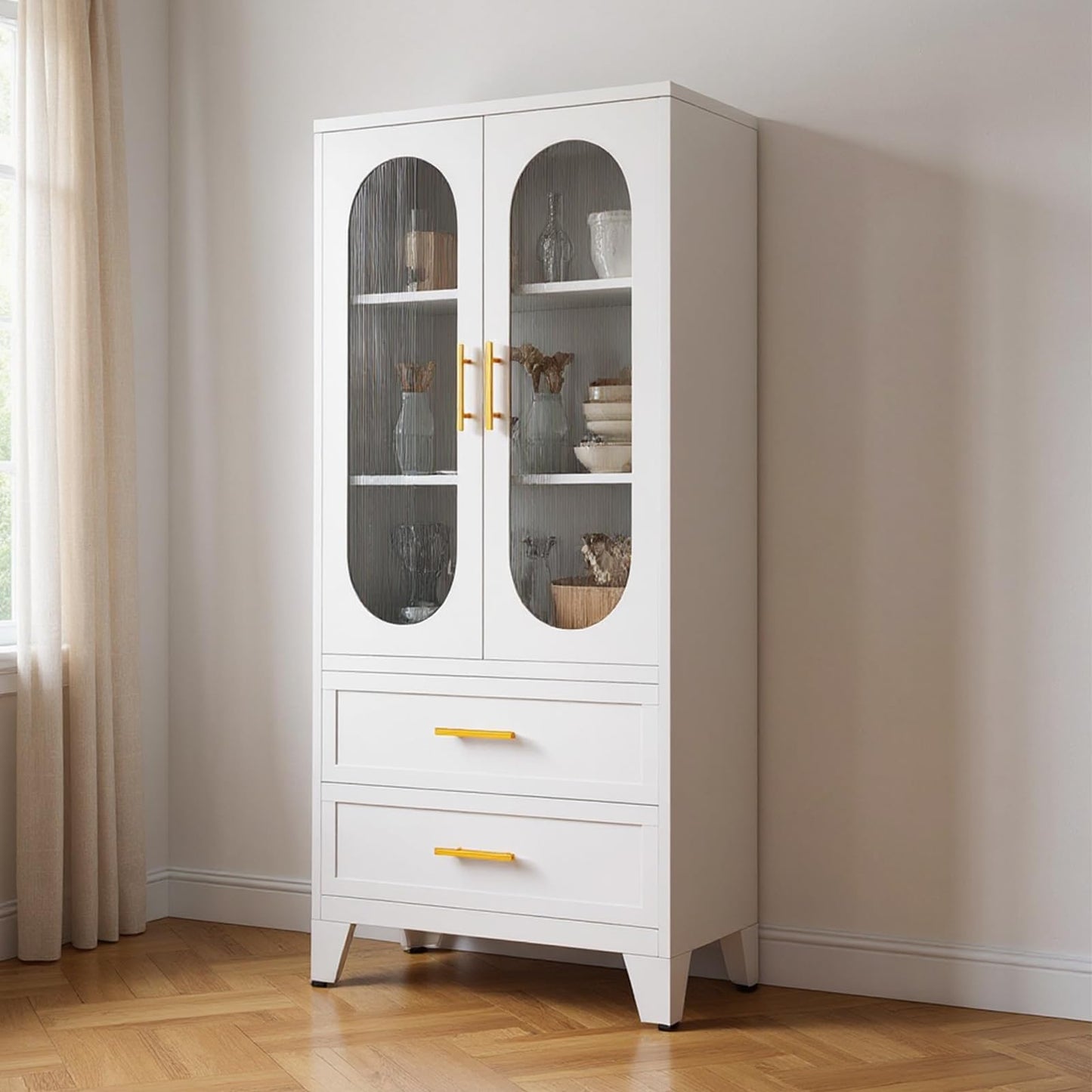 Takywep 73" Tall Pantry Cabinet, White Freestanding Storage Cabinet with Fluted Glass Door, 2 Spacious Drawers & Adjustable Shelves, Slim 14" Deep Organizer for Kitchen, Bathroom, Office, or Hallway