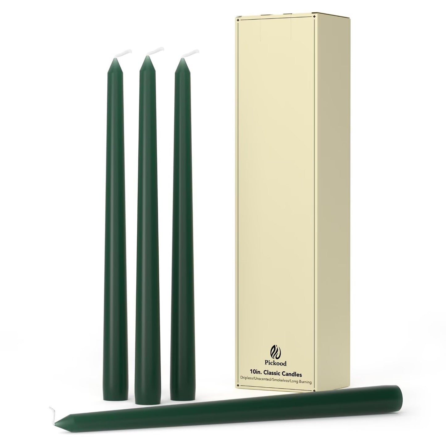 Pickood 10-Inch Tall Dripless Taper Candles Set of 4 - Dark Green Tapered Candles, Perfect for Christmas - Smokeless, Unscented, Long Burning - Hand Poured, Colored Tall Candlesticks - Hunter Green