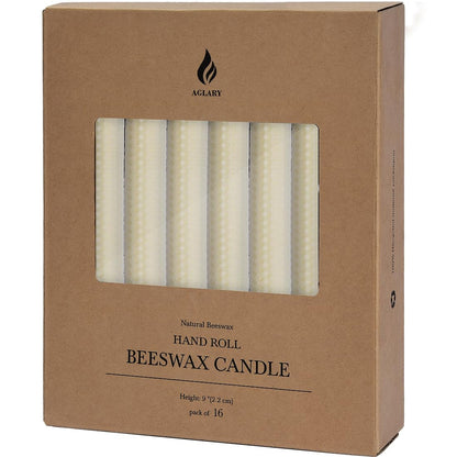 AGLARY 16PCS 9" Hand-Rolled Beeswax Taper Candles White, 100% Pure Natural Beeswax Candles for Home Decor, Yoga & Meditation (Unscented)