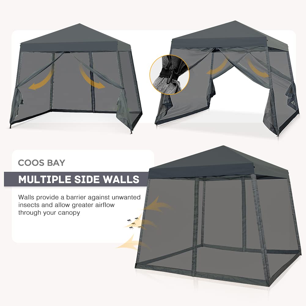 COOS BAY 10x10 Pop Up Canopy Tent with Screen Netting, Slant Leg Canopy with UPF 50+ UV Protection, 64 Sq Ft Shade, One Person Setup with Carry Bag, Gray