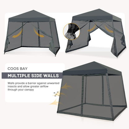 COOS BAY 10x10 Pop Up Canopy Tent with Screen Netting, Slant Leg Canopy with UPF 50+ UV Protection, 64 Sq Ft Shade, One Person Setup with Carry Bag, Gray