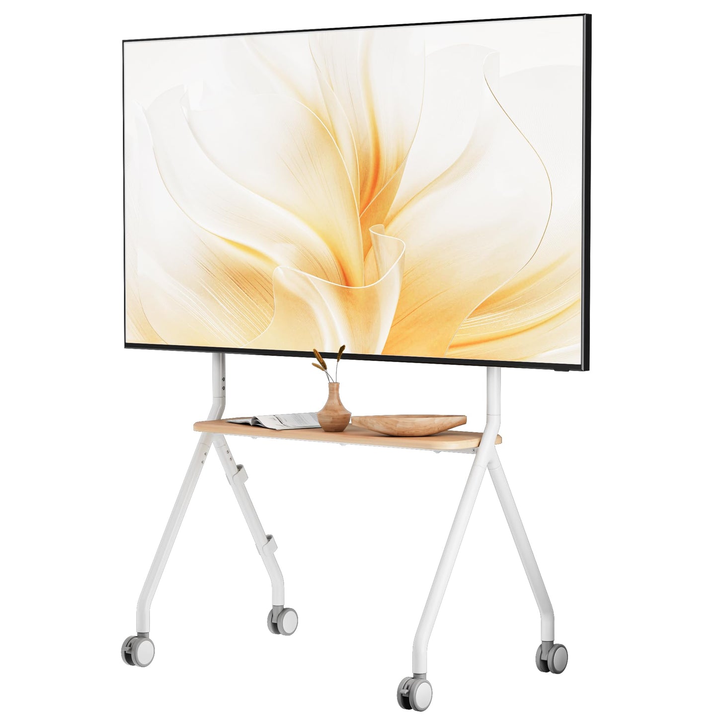 ECOTINY Rolling Easel TV Stand for 49–80 Inch TVs, Mobile TV Cart with Lockable Wheels, Height Adjustable Floor Stand with Wood Shelves and Cable Management, VESA 600x400, White