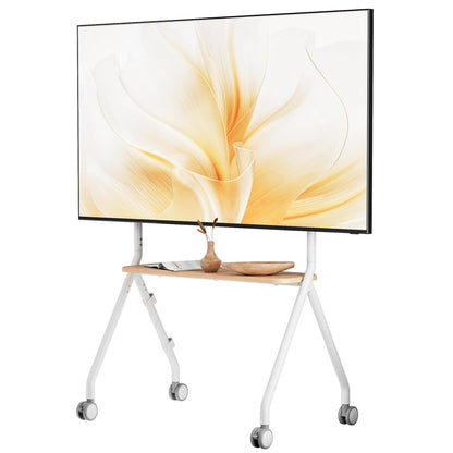 ECOTINY Rolling Easel TV Stand for 49–80 Inch TVs, Mobile TV Cart with Lockable Wheels, Height Adjustable Floor Stand with Wood Shelves and Cable Management, VESA 600x400, White