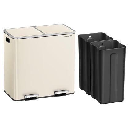 SONGMICS Trash Can, 2 x 10.6 Gallon (2 x 40 L) Garbage Can for Kitchen, with 15 Trash Bags, 2 Compartments, Plastic Inner Buckets and Hinged Lids, Airtight, Almond Color ULTB730A01V1