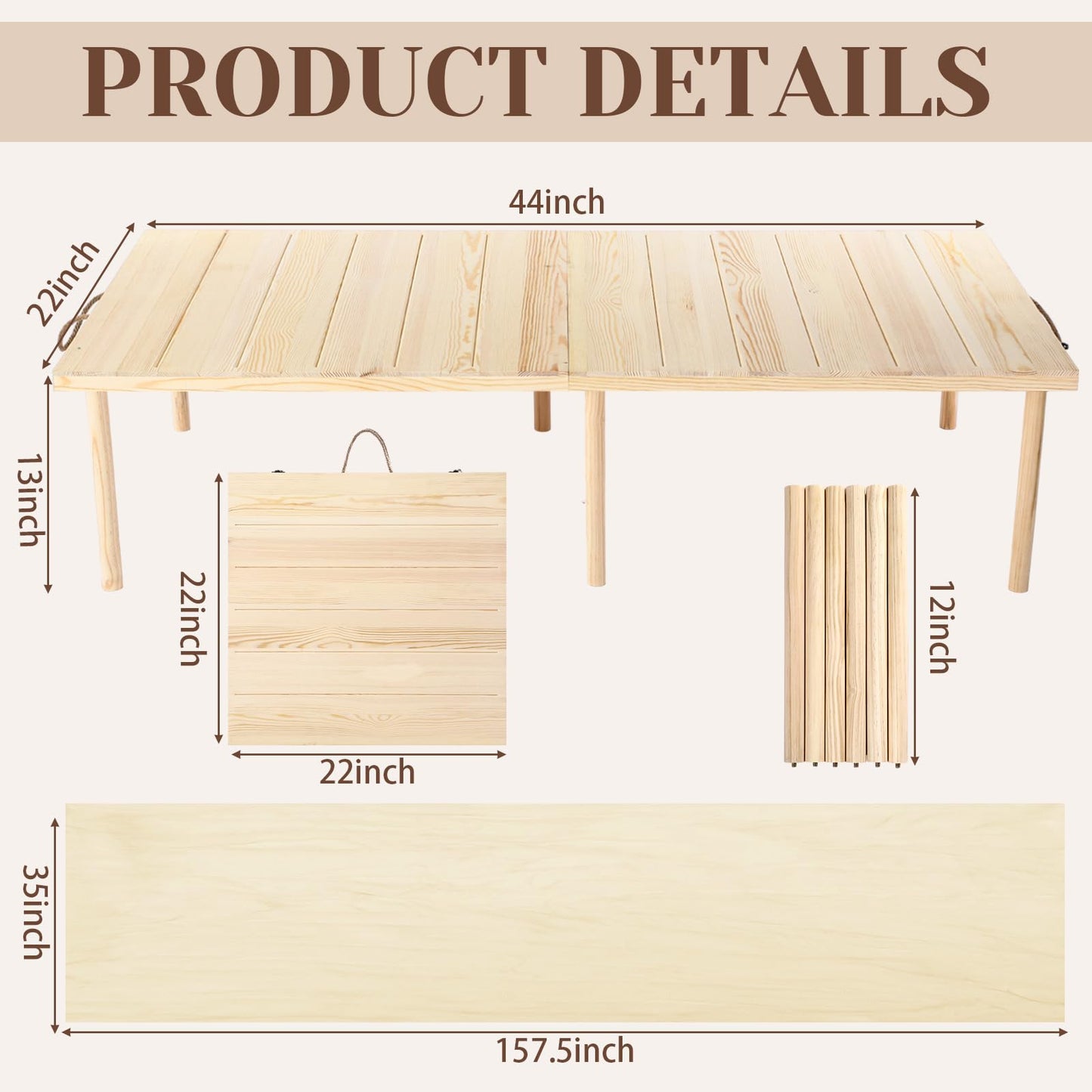 Novabright Boho Picnic Kit 22'' x 44'' Folding Picnic Table 91" x 71" Extra Large Outdoor Boho Blanket with Beige Table Runner and 6 Napkins for Camping Wedding Birthday Baby Shower Party Decor