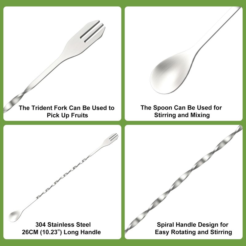 4Pcs 10'' Muddler and Spoon Set for Cocktails 304 Stainless Steel Fruit Smasher Home Bar Bartender Accessories Stirrers Mixing Tools for Mojitos Drinks Lemonade Stand Supplies