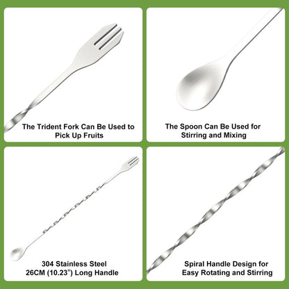 4Pcs 10'' Muddler and Spoon Set for Cocktails 304 Stainless Steel Fruit Smasher Home Bar Bartender Accessories Stirrers Mixing Tools for Mojitos Drinks Lemonade Stand Supplies