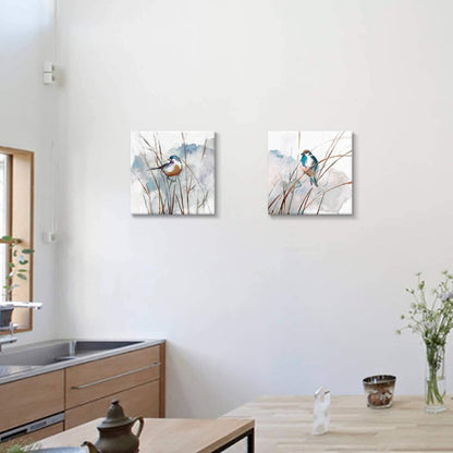 Abstract Bird Picture Wall Art: Animal Birds on Reed Artwork Painting on Canvas for Living Room (16” x 16” x 2 Panels)