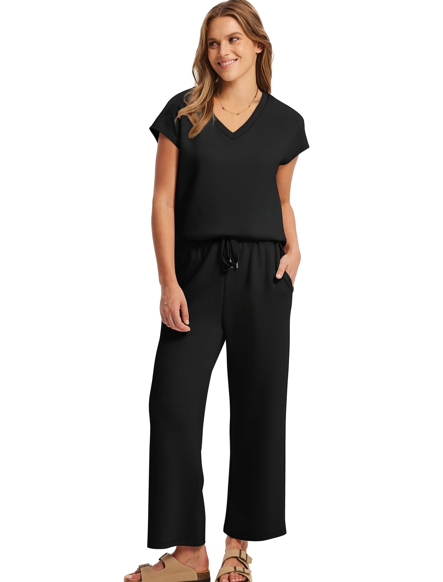 Two Piece Sets for Women Lounge Set Summer Travel Outfits Business Casual Matching Sets Women Clothing Beach Vacation Clothes Wide Leg Crop Pants Black L