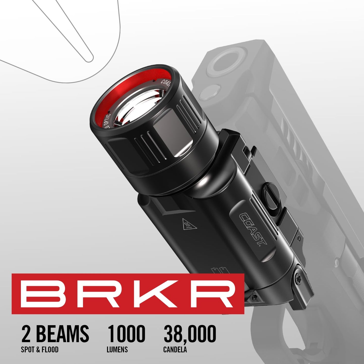 Coast PTX65R Two Beam 1000 Lumen USB-C Rechargeable LED Tactical Weapon Light with Tool-Free Universal/Picatinny Mounting System, and Spot & Flood Beams - IP54 Rating