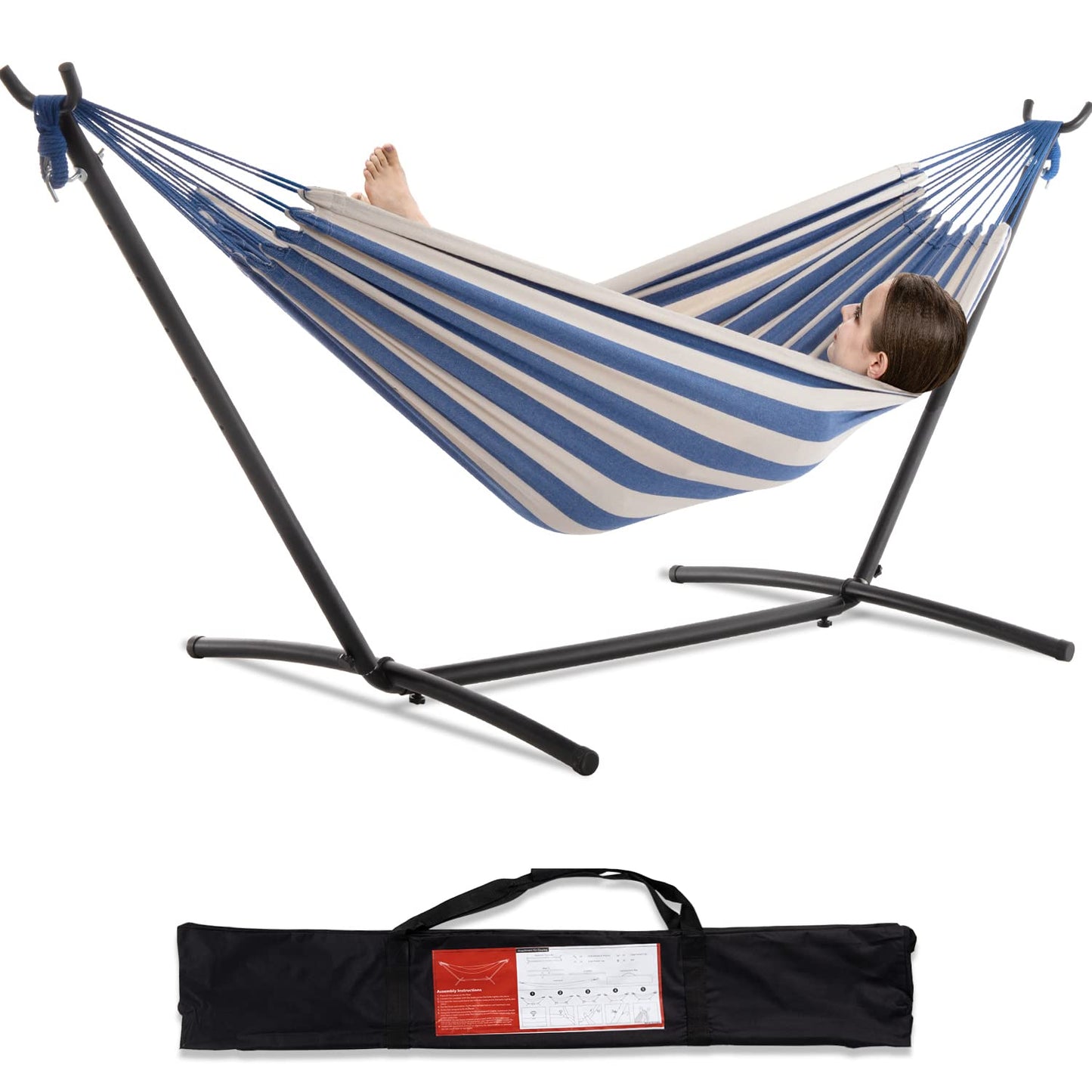 PNAEUT Double Hammocks with Stand for Outside, Portable Space Saving Heavy-Duty Steel Stand for Indoor Outdoor Patio with Carrying Bag, 450 lbs Capacity (Sky)