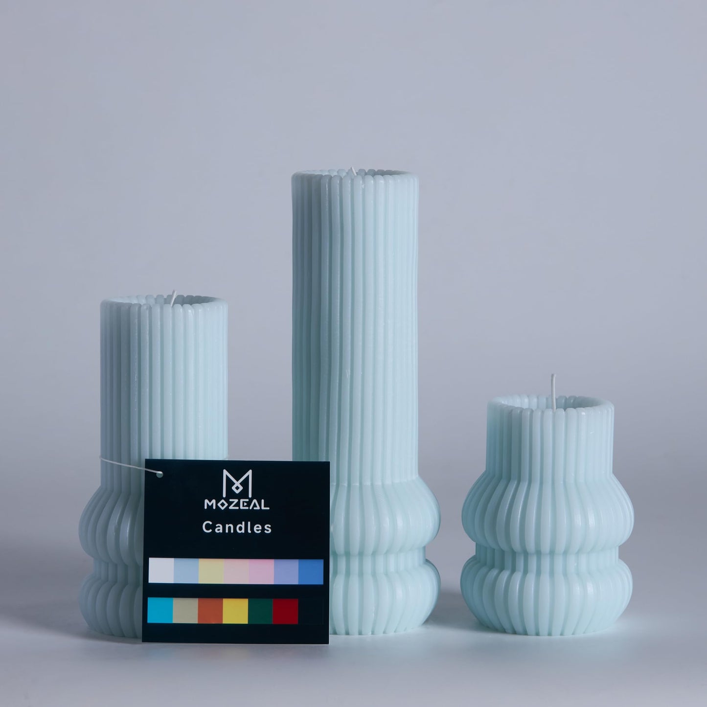 MOZEAL Hand-Poured Curved Ribbed Soy Blend Pillar Candles Set of 3 - Decorative Baby Blue Unscented Dripless Smokeless (3x4,6",8") 300 Hr Burn - Cozy Ambiance