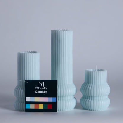 MOZEAL Hand-Poured Curved Ribbed Soy Blend Pillar Candles Set of 3 - Decorative Baby Blue Unscented Dripless Smokeless (3x4,6",8") 300 Hr Burn - Cozy Ambiance