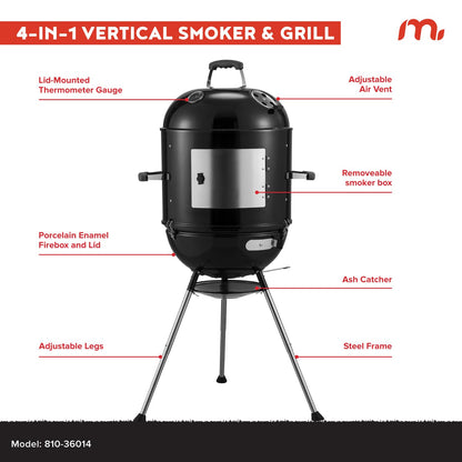 Megamaster Vertical 18 Inch Charcoal BBQ Smoker, 4-in-1 Portable Outdoor Grill with Adjustable Air Vent, 600 SQ. In Cooking Area, Built-in Temperature Gauge, BBQ Grill for Camping, Picnics - 810-36014