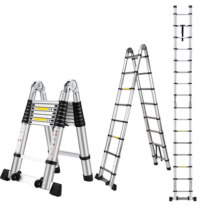 Wolec 16.5 FT A Frame Telescoping Ladder, Adjustable Multi-Purpose Collapsible Extension w/Balance Bar & Wheels, Heavy Duty 330 lbs Max Capacity, Ideal for Home and Outdoor Work, Silver