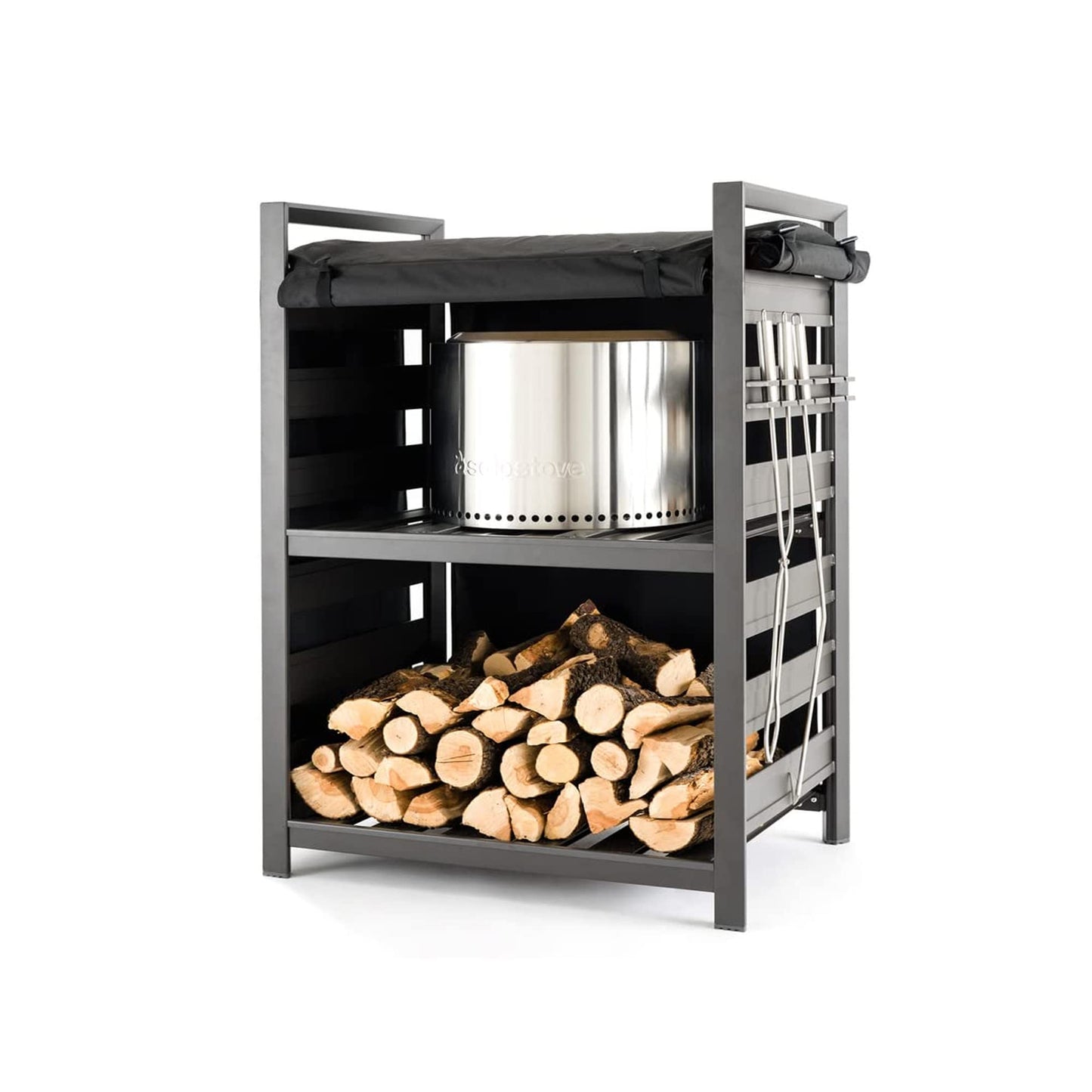 Solo Stove Station – 4.4ft Black Aluminum Firewood Rack with UV-Coated Cover, Two-Shelf Outdoor Storage for Fire Pit Logs, Tools & Accessories