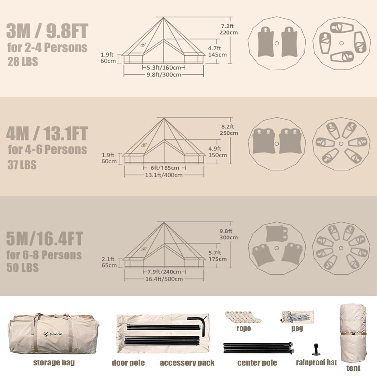 Canvas Bell Tent with Stove Jack, Glamping Yurt Tent for 360° Ventilated Mesh with Zipped Removable Floor, 4 Season Family House Hot Tents for All Year Living (Beige- 4M- 173 sq. ft yurt)