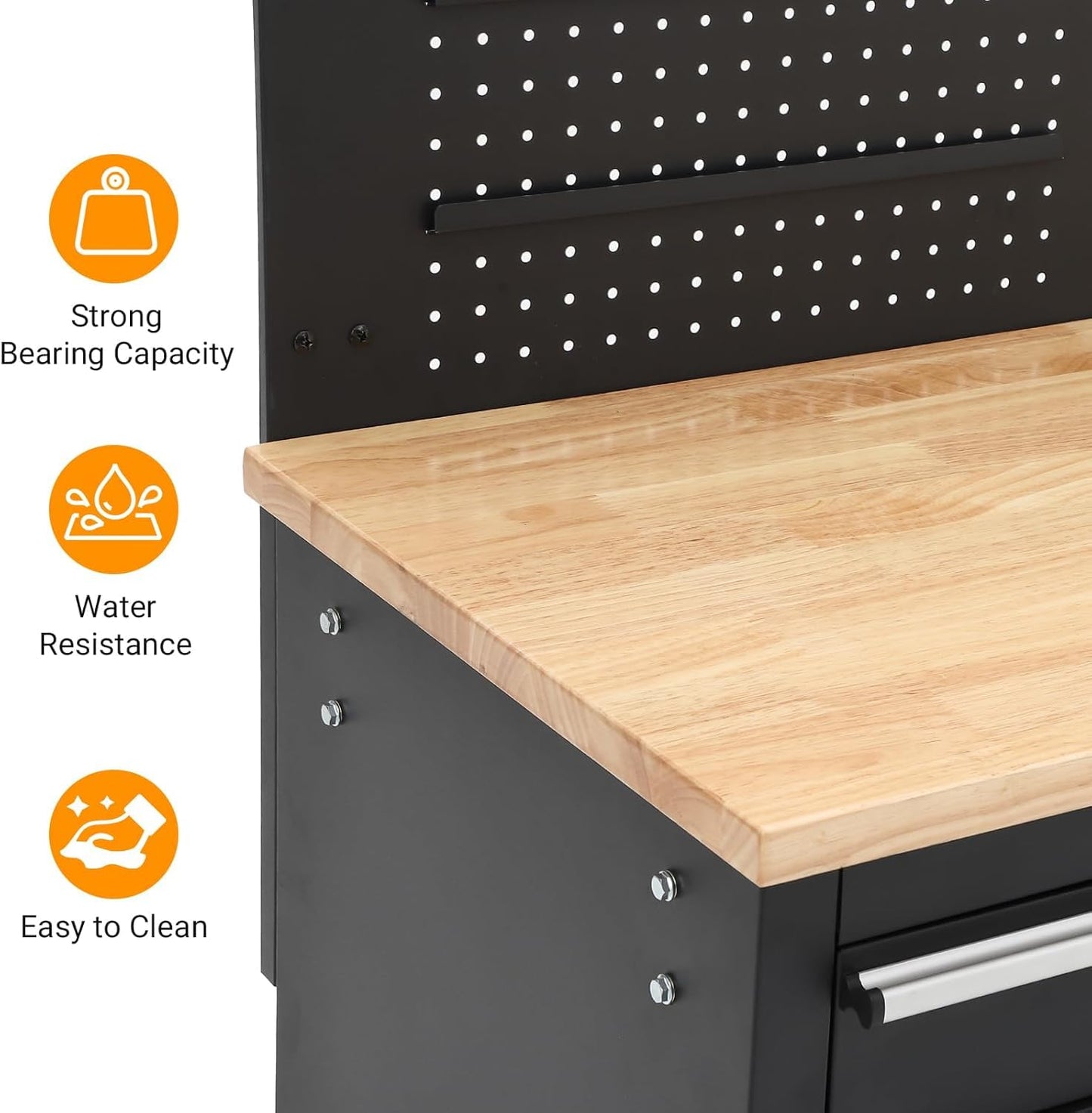PeakPursuit 61" Rolling Tool Chest with 10 Drawers, Workbench Cabinet with Power Strip, Solid Rubber Wood Top, Pegboard, 1675 LBS Load, Mobile Heavy Duty Garage Storage, Locking Wheels, Black