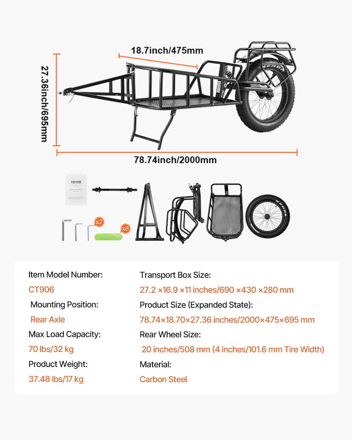 VEVOR Bike Cargo Trailer, 70lbs Load Capacity, Bicycle Trailer with 20 in Wheels, Foldable Bike Wagon, Heavy-Duty Bicycle Cart Fits Most Bike Models, for Shopping Traveling & Carrying Stuff