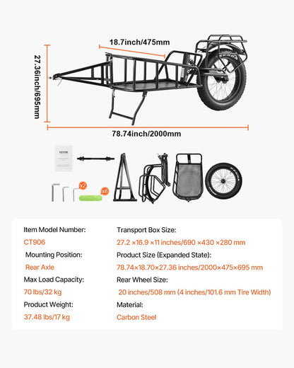 VEVOR Bike Cargo Trailer, 70lbs Load Capacity, Bicycle Trailer with 20 in Wheels, Foldable Bike Wagon, Heavy-Duty Bicycle Cart Fits Most Bike Models, for Shopping Traveling & Carrying Stuff