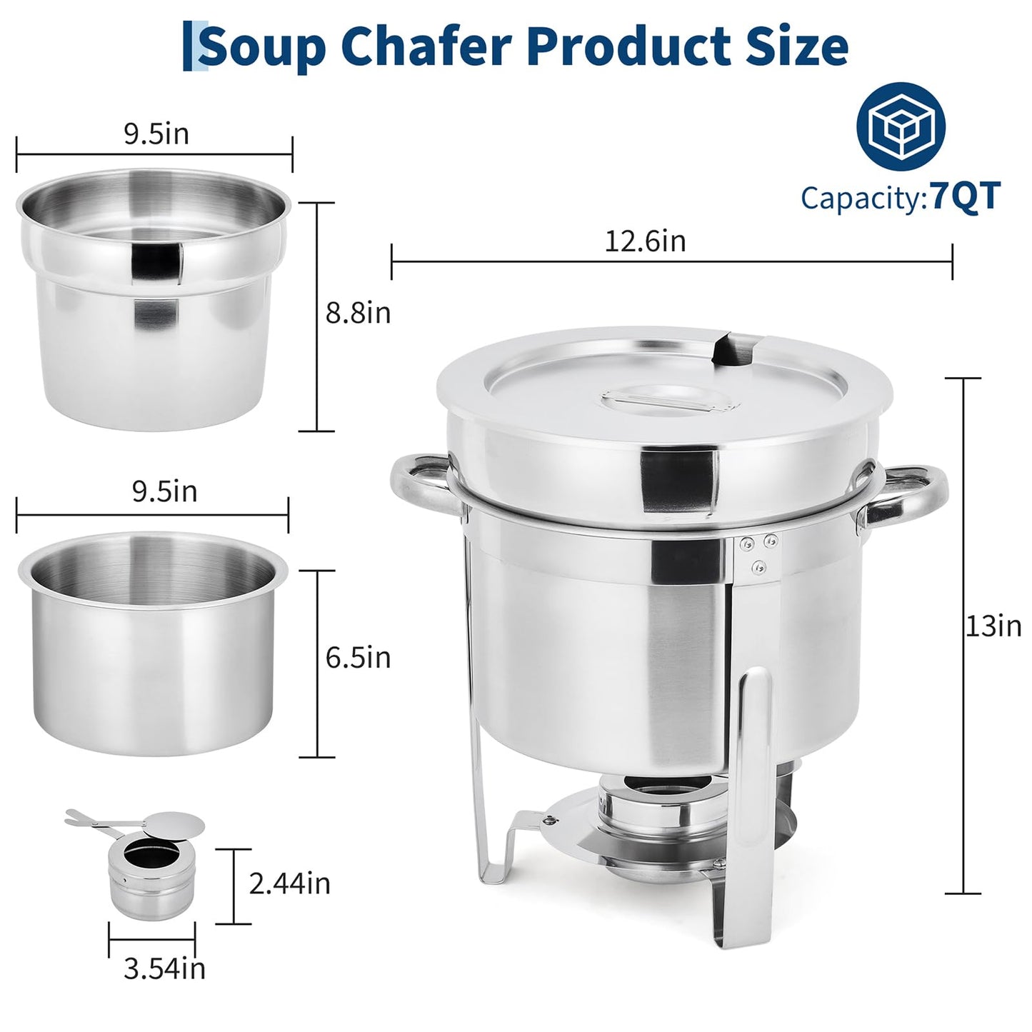 GarveeHome 7QT Soup Chafer Set of 4, Stainless Steel Round Soup Warmer with Pot, Notched Lids & Fuel Holders, Commercial Food Warmer for Buffets, Events and Party Service