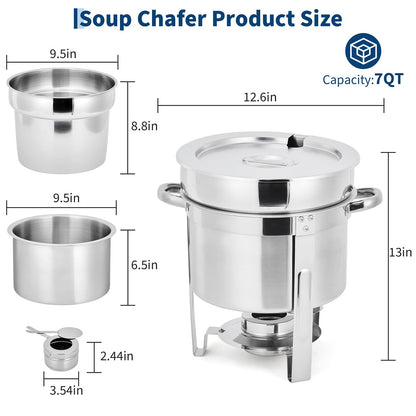 GarveeHome 7QT Soup Chafer Set of 4, Stainless Steel Round Soup Warmer with Pot, Notched Lids & Fuel Holders, Commercial Food Warmer for Buffets, Events and Party Service