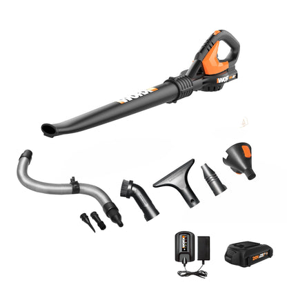 WORX Cordless Leaf Blower, Electric Blowers for Lawn Care with 120 MPH & 3.5 LBS, Long Nozzle Design for Narrow Spaces with Cleaning Attachments, Battery & Charger Included, WG545.1