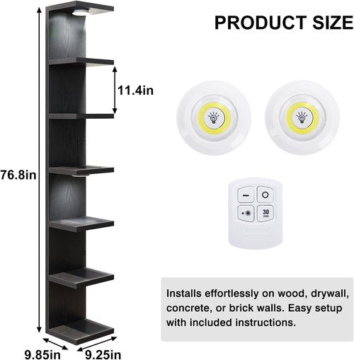 Fixwal 7-Tier Black Floating Wall Shelves - LED Lights for Home Decor & Organizer Display