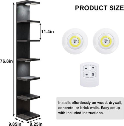 Fixwal 7-Tier Black Floating Wall Shelves - LED Lights for Home Decor & Organizer Display