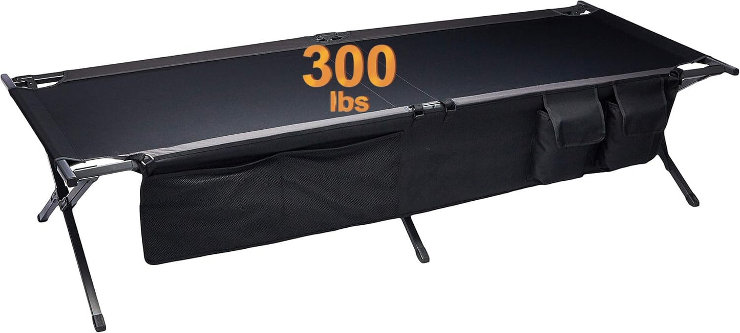 Portal Folding Portable Camping Cot, Guest Bed with Carry Bag and Side Storage Organizer, Camping Cots for Adults Sleeping, Away Tent Sleeping Cot Bed, Supports 300 LBS, Black