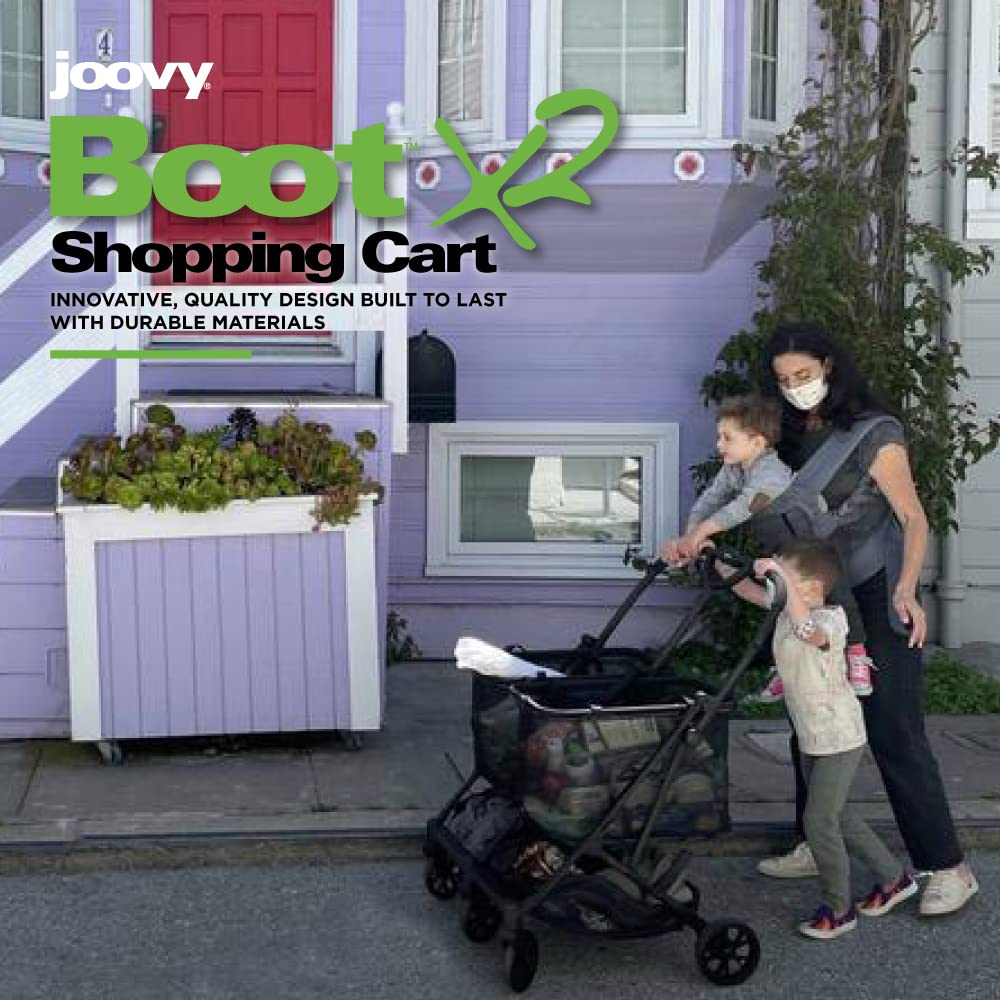 Joovy Boot X2 Shopping Cart Featuring 122 lbs Total Weight Capacity, Dual Removable Totes, Swivel Tires for Easy Steering, One-Handed Compact Fold, and One-Step Parking Brake (Black Frame)