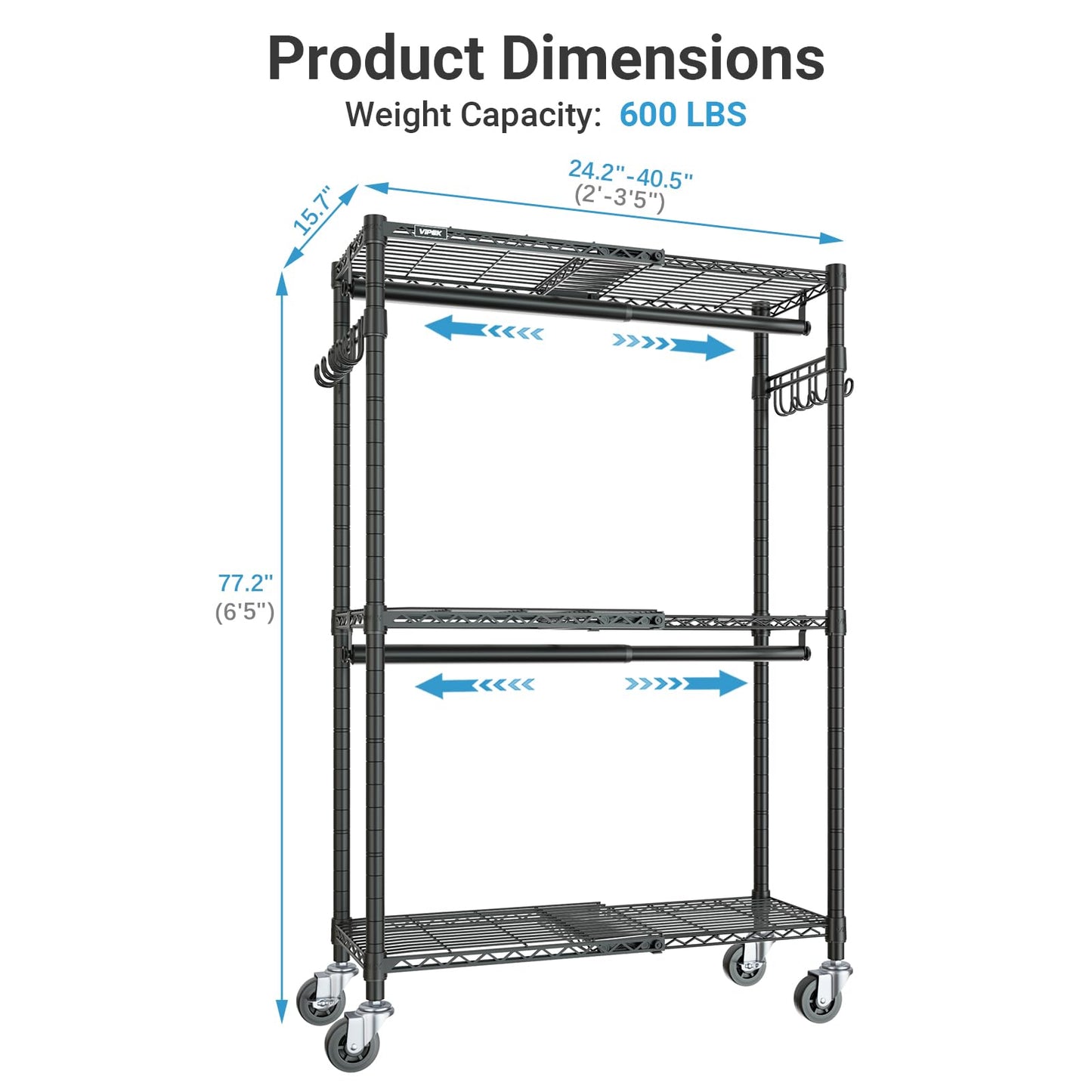 VIPEK R2X Expandable Portable Closet with Lockable Wheels, 600lbs Capacity Heavy Duty Rolling Clothes Rack w/Adjustable Shelves & Hanger Rod (2' to 3'5"), Metal Clothing Rack for Small Spaces (Black)